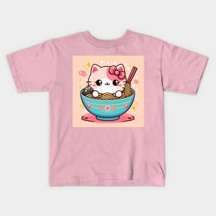 Little Pink Cat in a Ramen Bowl Kids T-Shirt